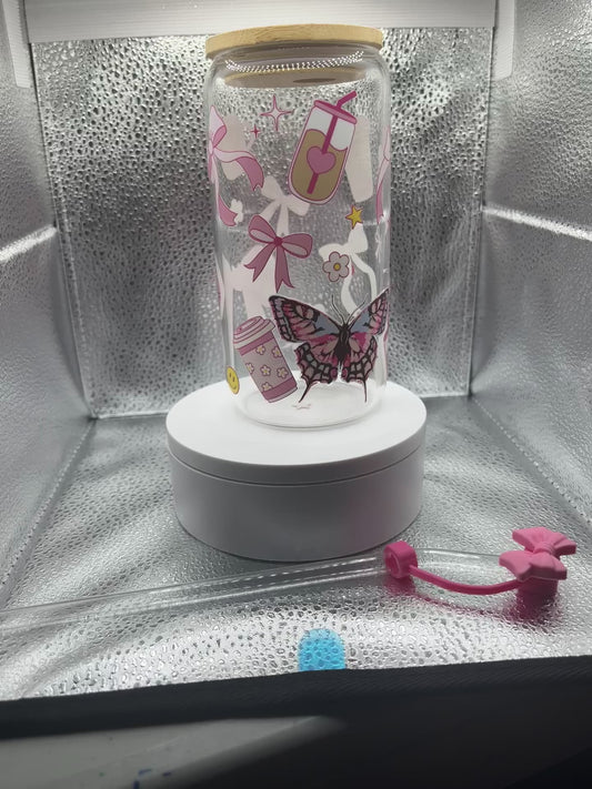 Glass 16oz Pink Girly Tumbler